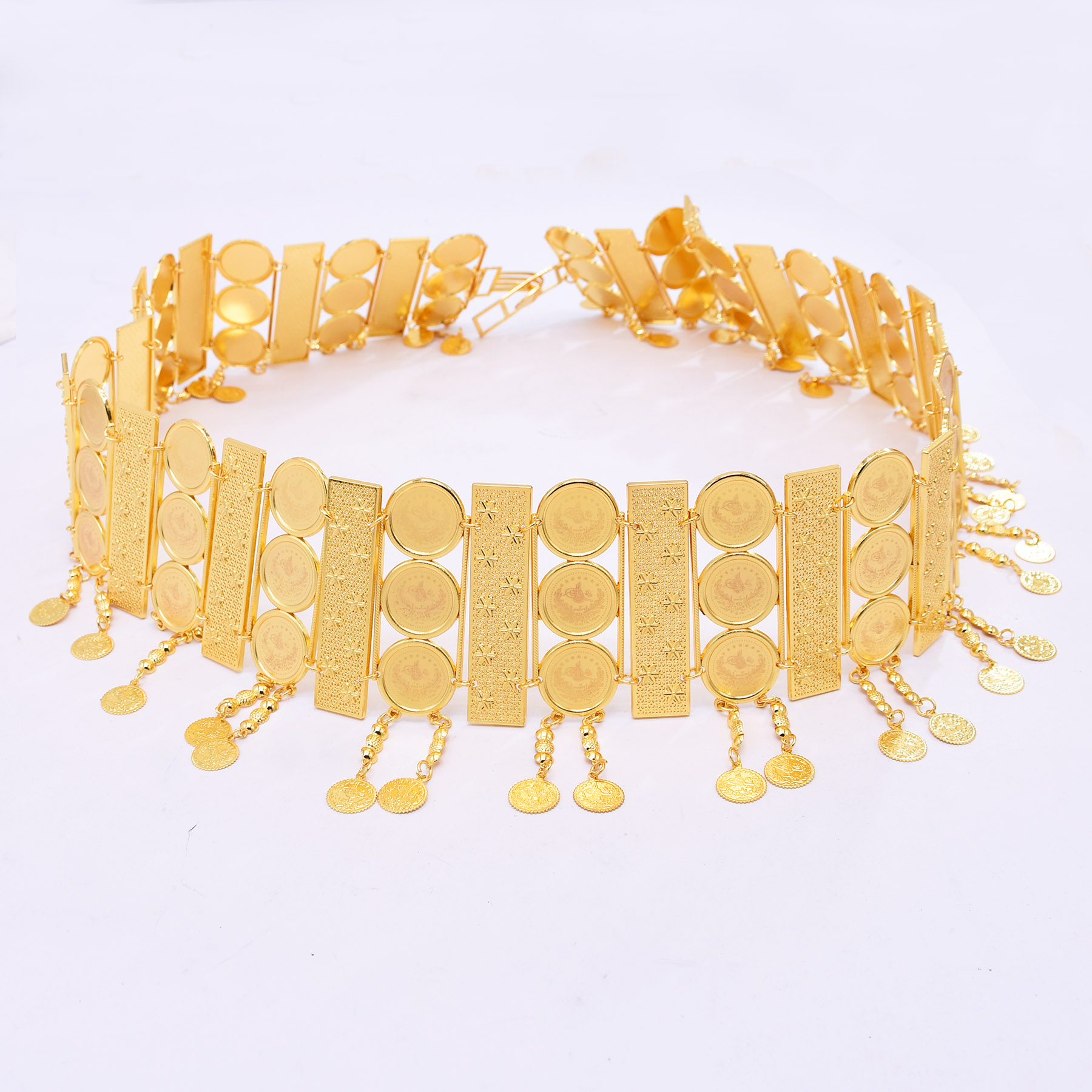 Ethnic Fashion Co In - 3줄로 짜여진 넓은 코인 장식 벨트,